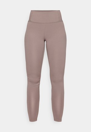 High-waisted, form-fitting leggings in a solid taupe color, featuring smooth, stretchy fabric and a clean, seamless design.