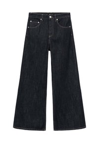 Jeans de pernera ancha en denim oscuro con una cintura alta, que presentan dos bolsillos frontales, un cierre de botón y costuras en contraste.