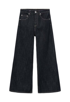 Jeans de pernera ancha en denim oscuro con una cintura alta, que presentan dos bolsillos frontales, un cierre de botón y costuras en contraste.