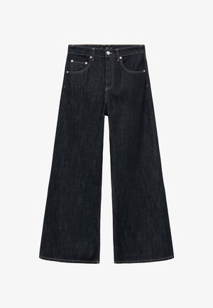 Jeans o szerokich nogawkach w ciemnym dżinsie z wysokim stanem, z dwoma kieszeniami z przodu, zapięciem na guzik i kontrastowym przeszyciem.