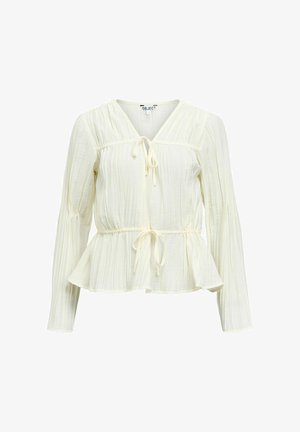 Kreminės spalvos palaidinė su ilgomis rankovėmis, V formos iškirpte, su raišteliu juosmens srityje ir tekstūruotu audiniu, kuriame matyti subtilūs vertikalūs dryžiai.