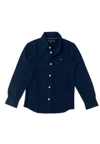Camicetta blu navy in cotone, con maniche lunghe, colletto e bottoni bianchi. Presenta un piccolo logo sul lato sinistro del petto.