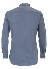 Herren Langarmshirt aus einfarbigem dunkelblauem Stoff, klassischer Kragen, geknöpfte Manschetten und gerader Rückenabschluss mit glatter Textur.