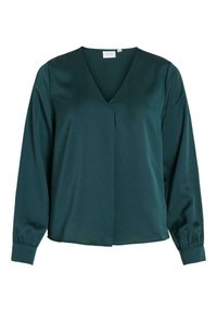 Blusa in satin verde scuro con maniche lunghe, scollo a V e un fit rilassato. Caratterizzata da un design pulito senza motivi o decorazioni visibili.