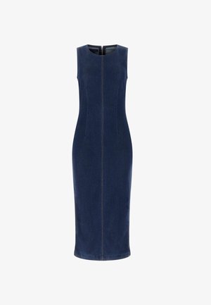Ärmelloses, figurbetontes Midikleid aus dunkelblauem Denim mit rundem Halsausschnitt und Reißverschluss in der Mitte des Rückens.