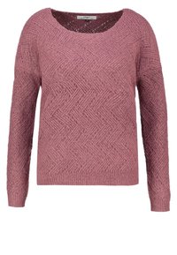 Maglione in cotone rosa con un motivo a spina di pesce testurizzato, scollatura a girocollo e maniche lunghe, con polsini e orlo a costine.
