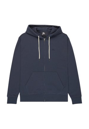 Dunkelblauer Kapuzenpullover mit Reißverschluss, weißen Kordeln, vorderen Kängurutaschen und kleinem Logo auf der linken Brust, dargestellt auf weißem Hintergrund.