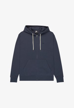 Dunkelblauer Kapuzenpullover mit Reißverschluss, weißen Kordeln, vorderen Kängurutaschen und kleinem Logo auf der linken Brust, dargestellt auf weißem Hintergrund.