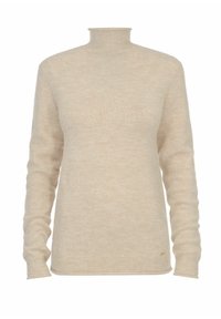 Beżowy sweter z golfem wykonany z miękkiego, teksturowanego dzianiny. Posiada długie rękawy oraz luźny krój z delikatnym złotym akcentem przy dolnym brzegu.