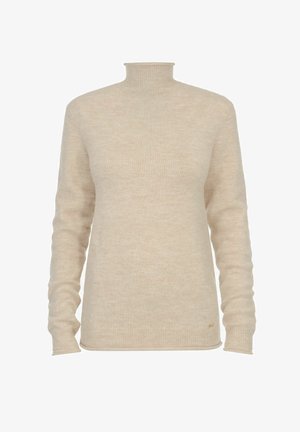 Beżowy sweter z golfem wykonany z miękkiego, teksturowanego dzianiny. Posiada długie rękawy oraz luźny krój z delikatnym złotym akcentem przy dolnym brzegu.