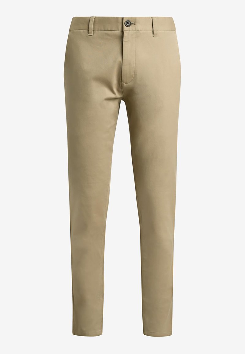 Khaki chinos s uskim krojem, izrađeni od pamučnog mješavine, s ravnim prednjim dijelom, prednjim džepovima i diskretnim zatvaranjem na dugme.