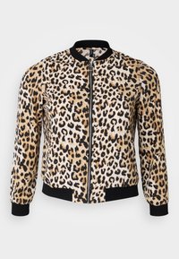 Veste zippée à imprimé léopard avec col, poignets et ceinture noirs, manches longues et anneau de tirette argenté.