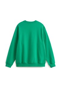 Grüne Sweatshirt mit Rundhalsausschnitt, lockerer Passform, langen Ärmeln sowie gerippten Bündchen und Saum. Glatte Textur, einfarbig, ohne sichtbare Muster.