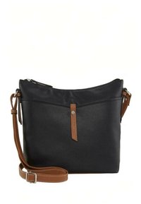 Mustast nahast õlakott tan-nööriga, tõmblukuga ja esiküljel dekoratiivse detailiga. Omaduseks sile tekstuur ja minimalistlik disain.