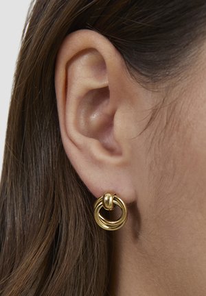 Goldene runde Ohrringe mit ineinandergreifenden Ringen und einer glatten, glänzenden Oberfläche, hängen am Ohrläppchen vor dunklem Haar.