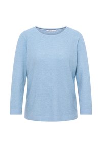 Maglietta azzurro chiaro a maniche lunghe realizzata in tessuto testurizzato, con scollo rotondo e vestibilità rilassata. Design semplice senza ulteriori motivi o decorazioni.