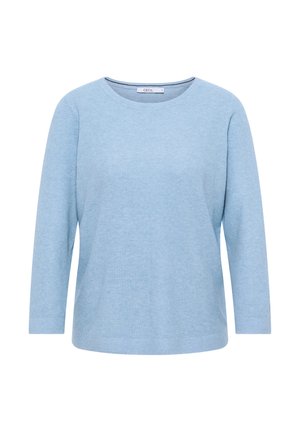 Haut bleu clair à manches longues en tissu texturé, avec un col rond et une coupe décontractée. Design simple sans motifs ni ornements supplémentaires.