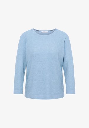 Světle modrý dlouhý rukáv top vyrobený z texturované látky, s kulatým výstřihem a volným střihem. Jednoduchý design bez dalších vzorů nebo zdobení.