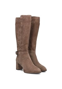 Brown suede knee-high boots with a chunky heel and a strap buckle detail on the outer side. Smooth texture and streamlined design.