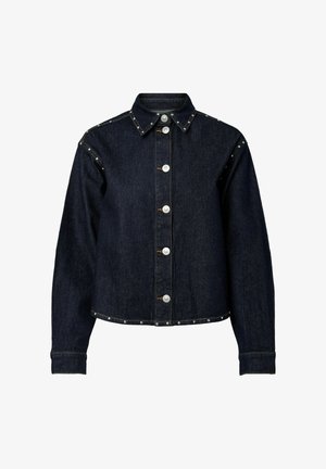 Tamsios spalvos džinsinis švarkas su sidabro spalvos kniedėmis, užsegamas sagomis, turi apykaklę ir aptampantį dizainą su ilgomis rankovėmis.