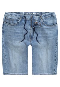 Pantalones cortos de denim en azul claro, con cinturilla elástica ajustable, cremallera frontal y dos bolsillos laterales. Textura desgastada con corte casual.