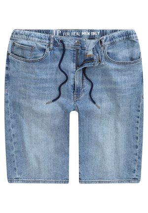 Shorts in denim di colore azzurro chiaro, con vita regolabile con cordoncino, zip frontale e due tasche laterali. Texture strappata con taglio casual.