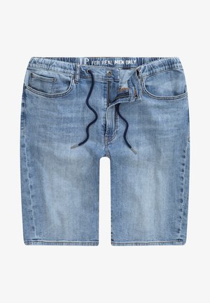 Pantalones cortos de denim en azul claro, con cinturilla elástica ajustable, cremallera frontal y dos bolsillos laterales. Textura desgastada con corte casual.