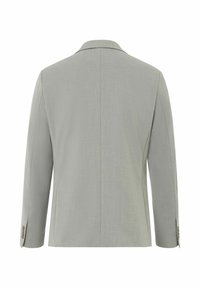 Blazer ajusté gris clair vu de dos, avec des manches longues et des détails de boutons aux poignets.