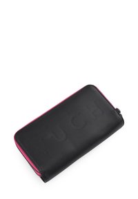 Black leather wallet with a pink zipper trim, embossed "VUCH" logo on the front, rectangular shape, smooth texture, and minimalist design.