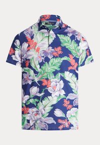 Polo a maniche corte di colore blu navy con un vivace motivo floreale in verde, rosa e viola; include un colletto classico e una chiusura a due bottoni.