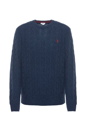 Maglione a maglia cable in blu navy realizzato in tessuto morbido, con scollatura a girocollo e un piccolo logo rosso sul lato sinistro del petto. Design a vestibilità classica.