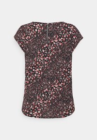 Schwarze Bluse mit Blumenmuster und kurzen Ärmeln, die pinke und weiße Blumen zeigt, mit einem Reißverschlussverschluss auf der Rückseite und einem leicht abgerundeten Saum. Aus weichem, leichtem Stoff.