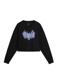 Schwarzer, kurzer Langarm-Sweatshirt aus Baumwolle mit einem lila Flammenmuster auf der Vorderseite, rundem Ausschnitt und enganliegenden Bündchen.