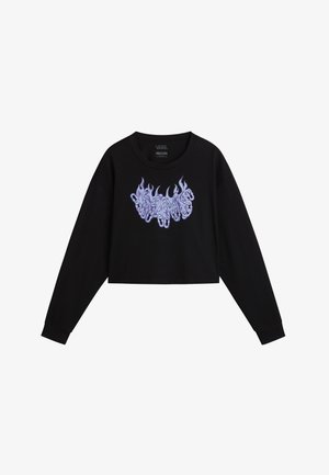 Black cropped long-sleeve sweatshirt made of cotton, featuring a purple flame design on the front, round neckline, and fitted cuffs.