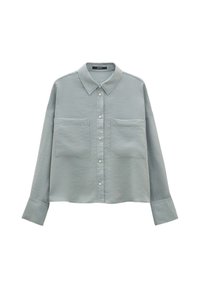 Chemise cintrée gris clair à boutons, en tissu texturé, avec deux poches poitrine et un col classique. Manches longues avec poignets à boutons.