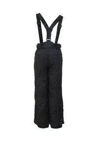 Pantalons de ski noirs isolés avec bretelles réglables, poignet élastique et fermetures éclair latérales pour la ventilation. Le matériau présente une finition lisse et imperméable.