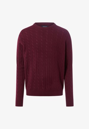 Burgundy cable knit long-sleeve crew neck sweater with ribbed cuffs and hem, displayed on white background.