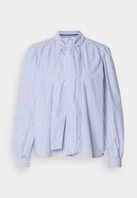 Ανοικτό μπλε και λευκή ριγέ μπλούζα με φουσκωτά μανίκια, κολάρο με κορδόνι και κουμπωτές μανσέτες, κατασκευασμένη από μαλακό ύφασμα με λείο υφή.