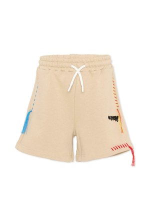 Shorts beige con vita elasticizzata, coulisse bianca, nappina blu sul lato sinistro, nappine rosse e gialle ricamate sul lato destro e piccolo ricamo nero.