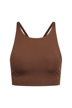 Pruun lühike jakitop, millel on sile tekstuur, õhukesed reguleeritavad rihmad ja minimalistlik disain, sobib kihtide loomiseks või igapäevaseks kandmiseks.