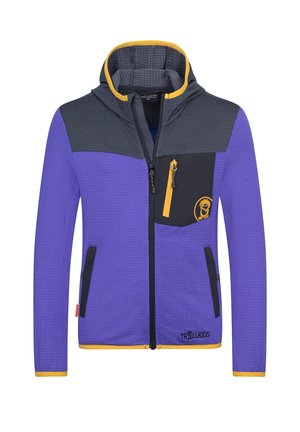 Child's purple and gray jacket with hood, yellow trim, front zipper, zippered chest pocket, and Trollkids logo on the pocket and hem.