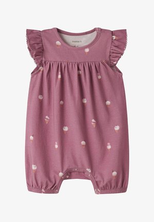 Combinaison sans manches rose pour tout-petit avec épaules volantées, ouvertures élastiques aux jambes et petit imprimé cône de glace partout.
