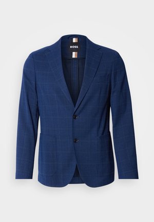 Navyblauer Blazer mit Karomuster, aus strukturiertem Stoff, mit einer Zwei-Knopf-Front, angeschnittenen Revers und zwei Seitentaschen.