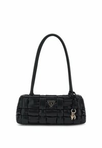 Borsa a tracolla nera trapuntata con forma rettangolare, caratterizzata da una texture liscia, doppi manici e una placca con logo con un ciondolo attaccato.