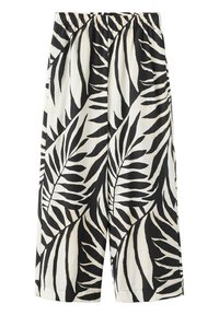 Pantalon à jambes larges avec motif de feuilles tropicales noir et blanc et taille élastique.