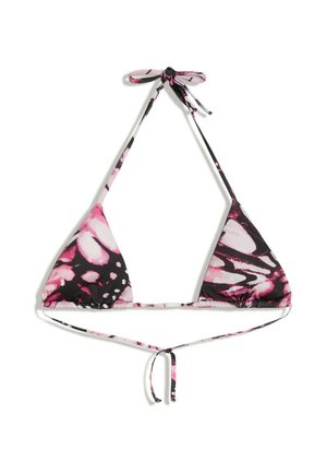 Driehoek bikinitop met roze, zwart en wit tie-dye patroon, met striksluitingen in de nek en op de rug.