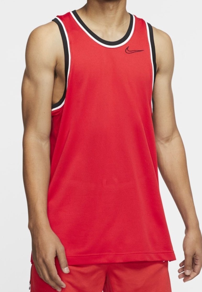 Red athletic tank top made from breathable fabric, featuring a crew neck, black and white trim, and a small Nike logo on the chest.