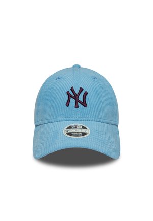 Helleblaue Cord-Dolmetscherkappe mit einem dunkelvioletten gestickten "NY"-Logo, verstellbarem Riemen und einem gebogenen Schirm.