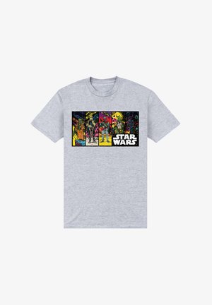 Maglietta in cotone grigia con un design grafico colorato che presenta più personaggi e la scritta "STAR WARS" a caratteri bianchi in grassetto.