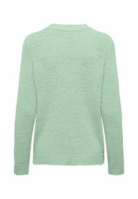 Light green knitted sweater, featuring a round neck, long sleeves, ribbed cuffs, and a textured fabric with a slightly loose fit.